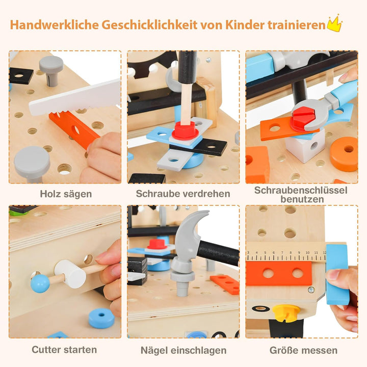 COSTWAY Werkzeugbank für Kinder, Werkbank Holz mit Tafel, hängendem Werkzeugständer & Zubehör, Spiel
