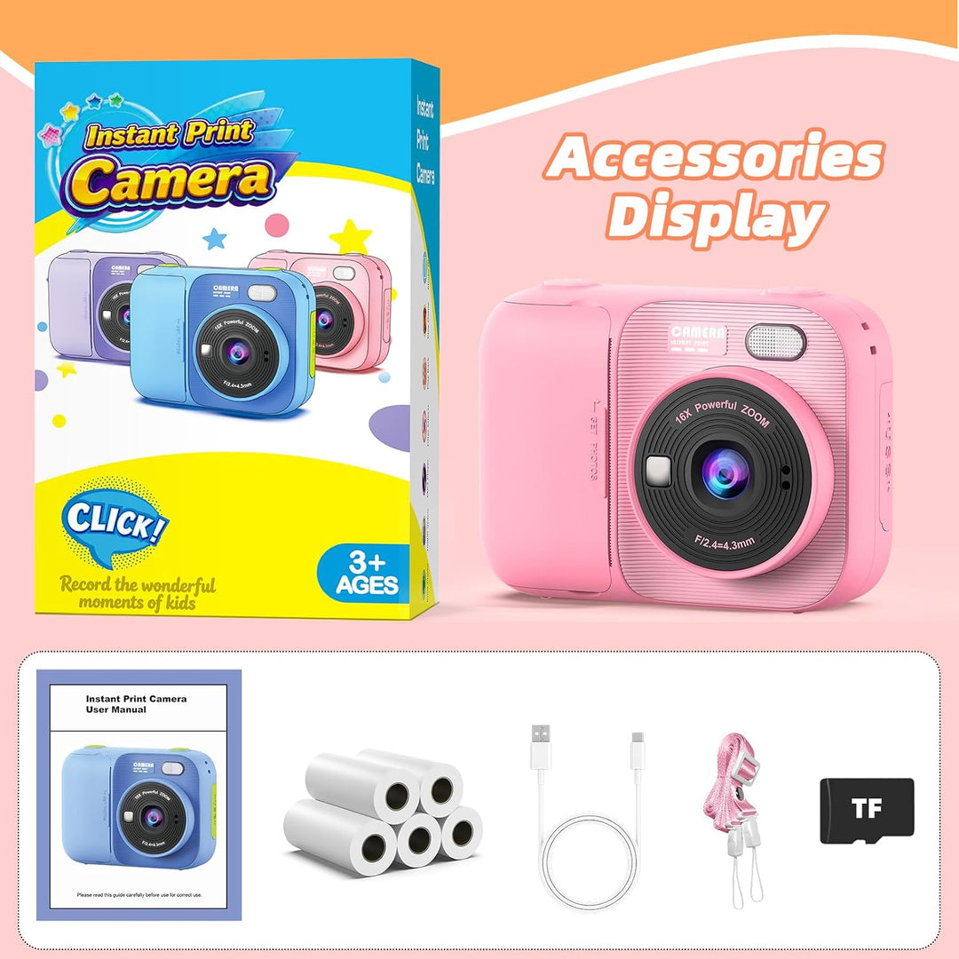 Kinder Sofortbildkamera, Digitalkamera mit Druck | 2,4 Zoll Display, 1080P HD Video, TF Karte &amp; 5 Ro