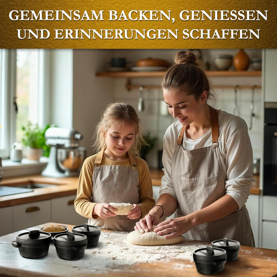 Mini Gusseisen Brotbackform Set–6x 300 ml Brotbacktopf mit Deckel–eingebrannte Mini Dutch Oven zum B