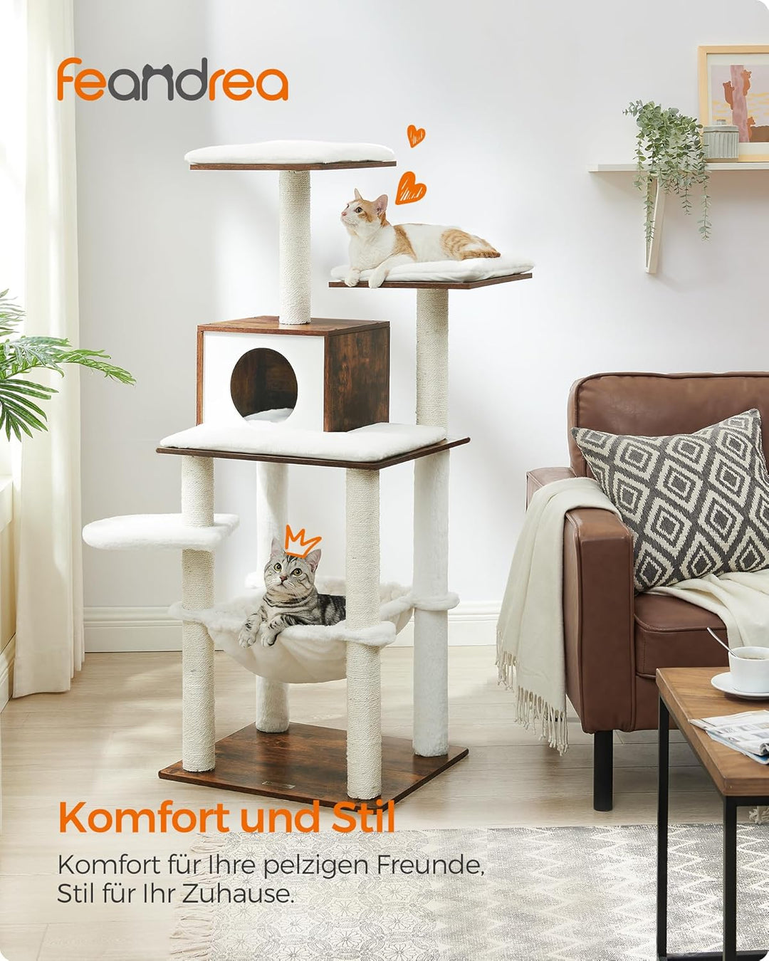Feandrea Kratzbaum, 138 cm Katzenbaum, modern, mehrstöckiger Katzenkratzbaum, Kuschelhöhle, Sisalstä