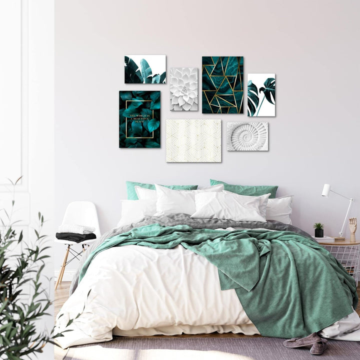 Novart Wandbilder Grün Blätter - KOMPLETT AUFHÄNGFERTIG - Abstrakt Wohnzimmer Schlafzimmer- 7 Modern