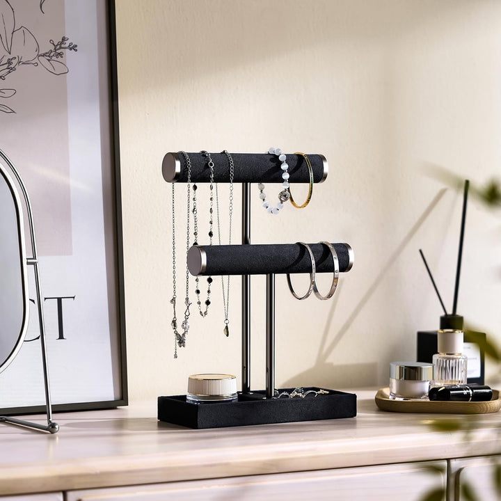Schmuck Organizer mit 2 Ebenen - Schwarz Schmuckständer Armbänder, Abnehmbarer T-Steg Schmuck Stände
