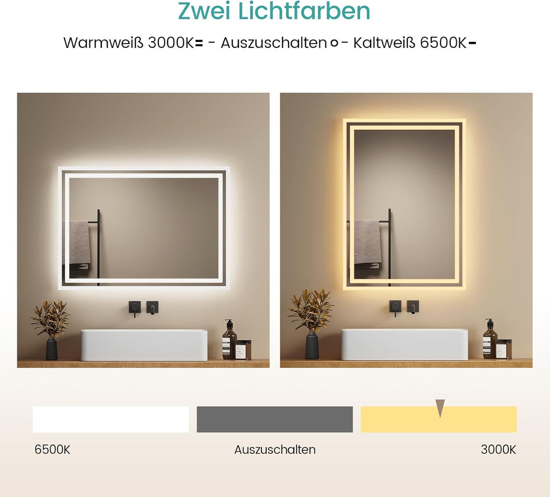 EMKE LED Badspiegel 70x50cm LED Wandspiegel mit Beleuchtung Warmweisses Licht und Kaltesweisses Lich