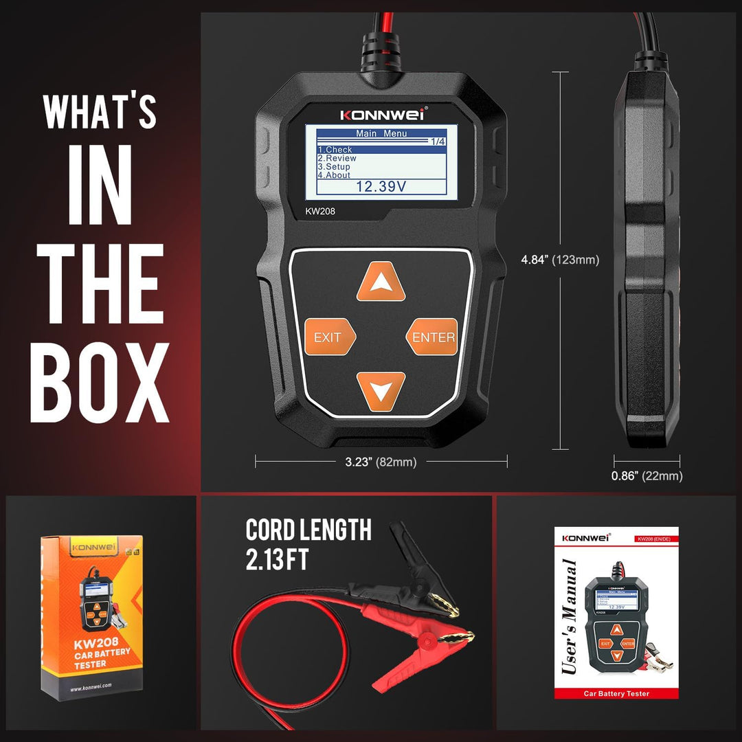 KONNWEI KW208 12V Batterietester, 100-2000 CCA Lasttester KfZ-Lichtmaschinen-Tester Digitaler Auto-B
