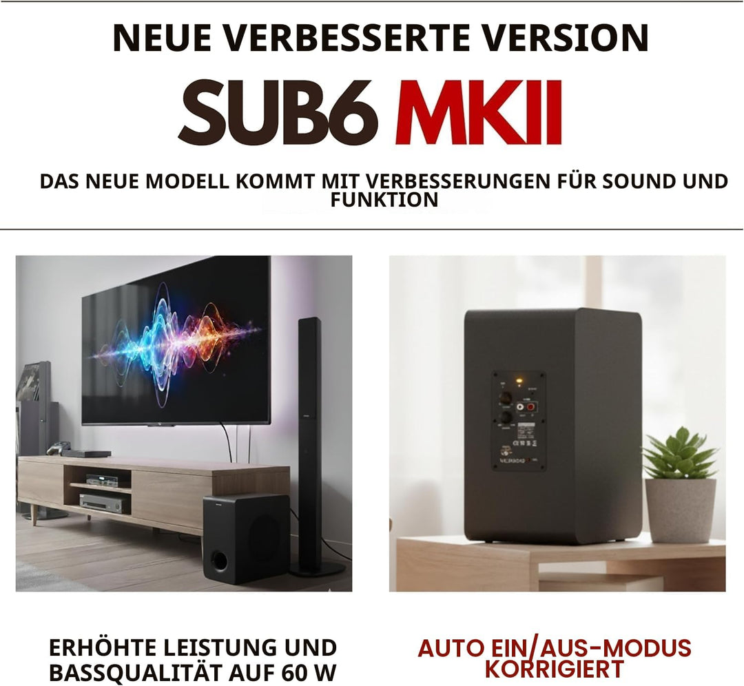 VULKKANO SUB6 MKII Kompakter aktiver Subwoofer mit 15,2 cm (6 Zoll) mit tiefem Bass und elegantem De