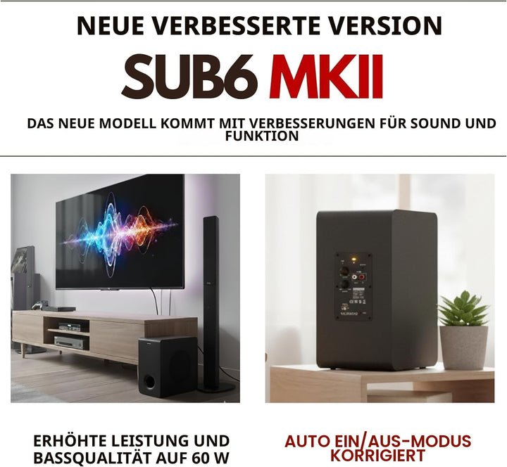 VULKKANO SUB6 MKII Kompakter aktiver Subwoofer mit 15,2 cm (6 Zoll) mit tiefem Bass und elegantem De