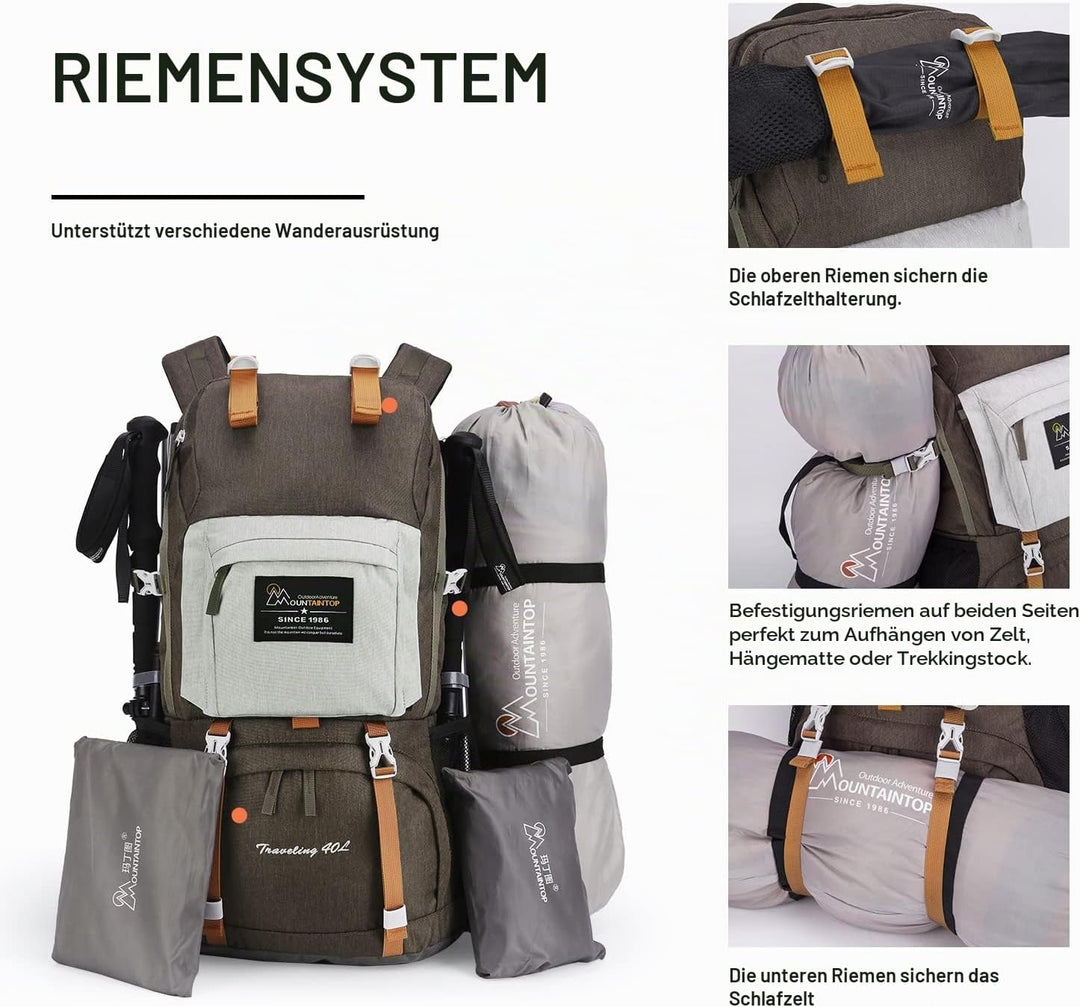 Mountaintop 40L Wanderrucksack Herren Damen mit Regenhülle für Reisen 40 Liter Braun, 40 Liter Braun