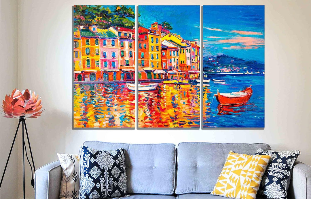 Kunstdruck auf Leinwand, Motiv Stadt und Boote, 3-teilig, 50 x 25 cm, 3 Stück 50 x 25cm (20 x 10 inc