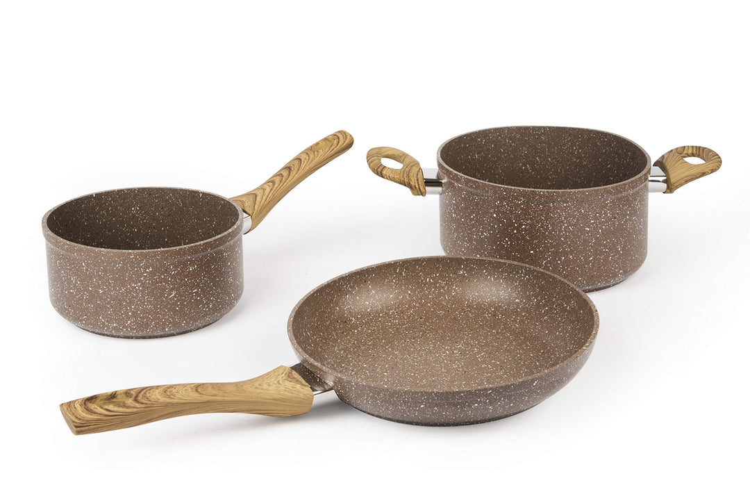 Excelsa Wood & Stone Pfannenset mit 2 Kochtöpfen, Aluminium geschmiedet mit Antihaftbeschichtung