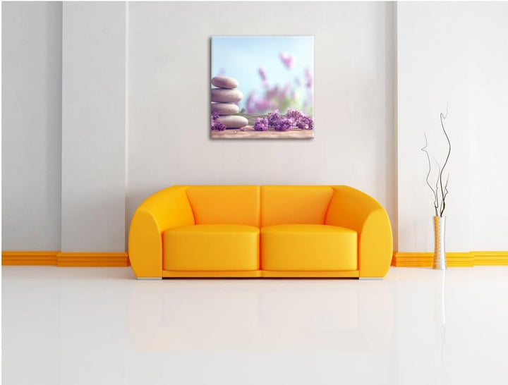 Lavendel Spa-Stillleben, Format: 70x70 auf Leinwand, XXL riesige Bilder fertig gerahmt mit Keilrahme