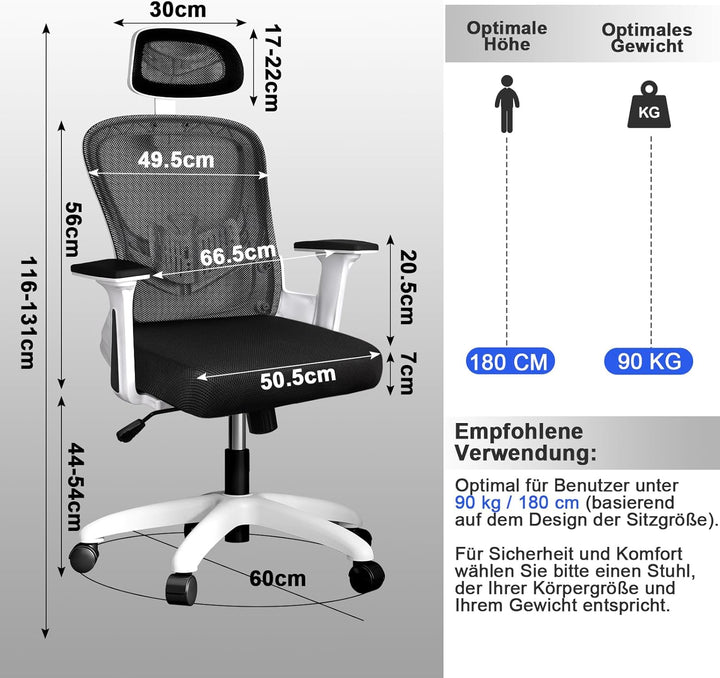 LEVIPE Ergonomischer Bürostuhl mit Lendenwirbelstütze, verstellbare Rückenlehne und Kopfstütze, vers