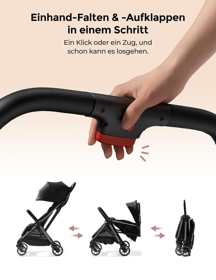 Momcozy ClickGo Buggy klein zusammenklappbar als Flugzeug-Handgepäck, Einhand-Klappmechanismus, mit