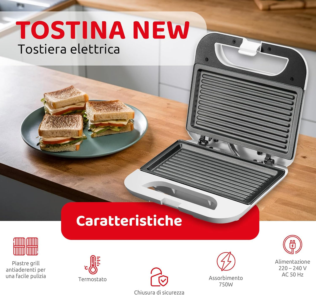 Melchioni family TOSTINA NEW ELEKTRISCHER TOASTER MIT ANTIHAFT-GRILLPLATTEN, Edelstahl, Weiss