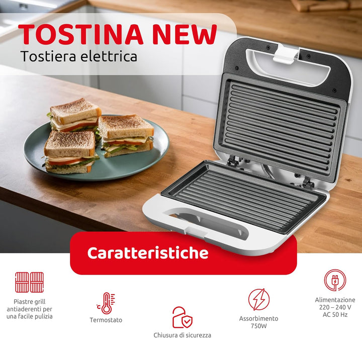 Melchioni family TOSTINA NEW ELEKTRISCHER TOASTER MIT ANTIHAFT-GRILLPLATTEN, Edelstahl, Weiss