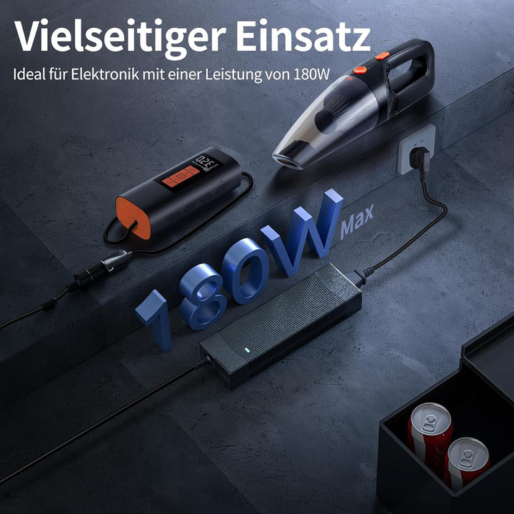 Spannungswandler 230V auf 12V, 180W/15A/2.65M KFZ Netzadapter mit Zigarettenzünder auf Steckdose, Ad
