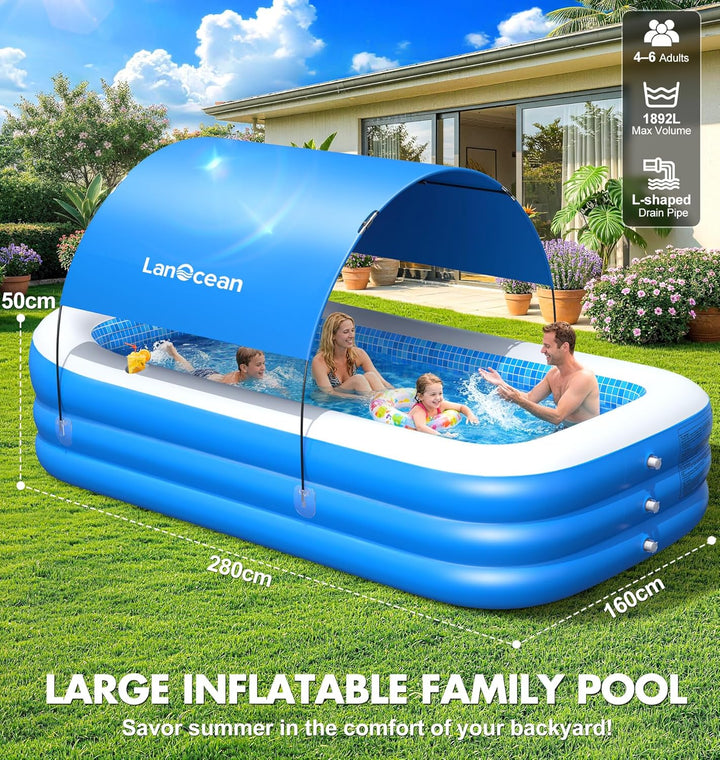LanOcean Aufblasbarer Pool mit Sonnenschirm, 280*160*50CM Rechteckig Planschbecken für Kinder Gross,