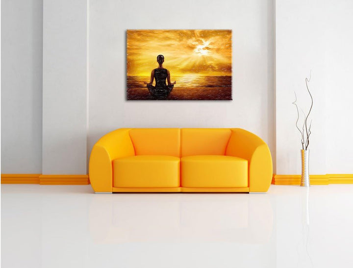 Pixxprint Frau meditiert bei Sonnenaufgang am Strand Kunst Buntstift Effekt, Format: 100x70 auf Lein