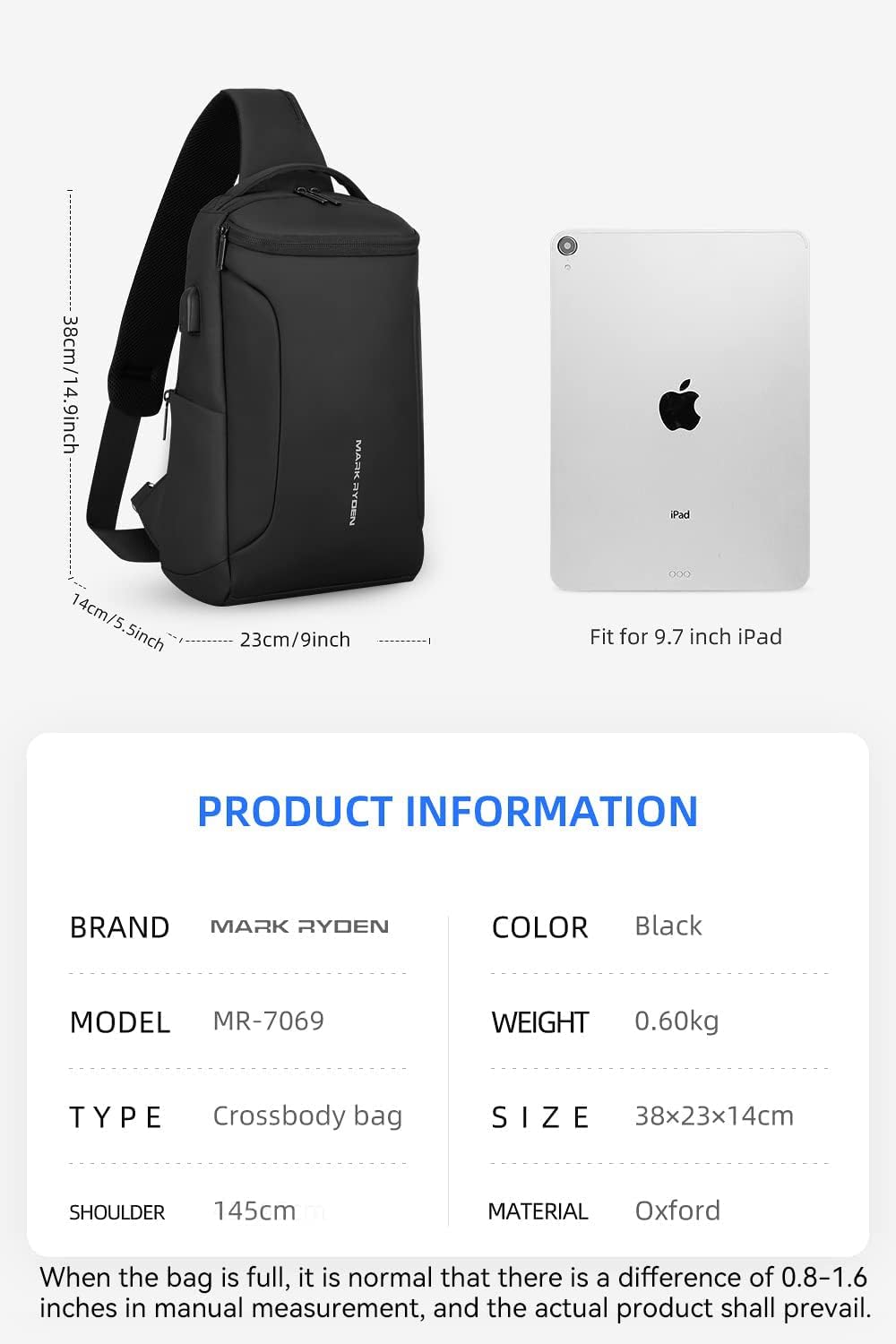 MARK RYDEN Schultertasche wasserdicht Large Shoulder Chest Crossbody-Tasche Leichter, lässiger Tages