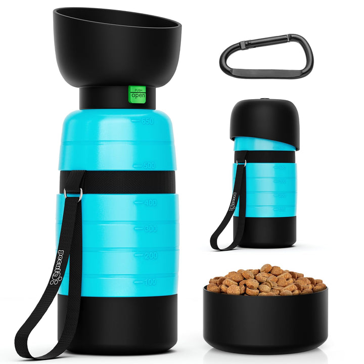 Pecute Hunde Wasserflasche 650ml mit Lebensmittelbehälter 3-in-1, Tragbare Welpen Trinkflaschen Ausl
