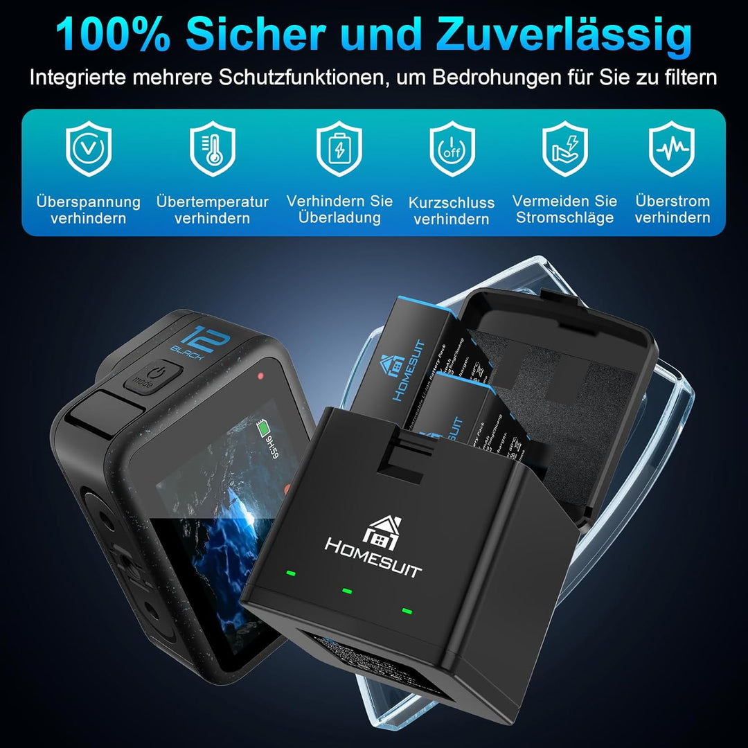 Homesuit Hero 12 11 10 9 Akku 1800mAh und 3-Kanal LED USB Ladegerät Kit mit Typ-C für GoproHero12Bla