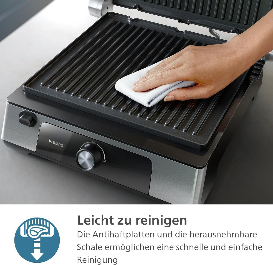 Philips Kontaktgrill - Einstellbare Temperatur 60°C-200°C. 180° aufklappbar. Grosse Grillfläche und