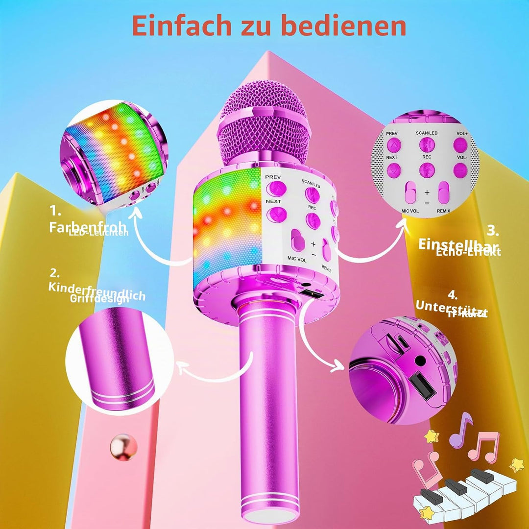 Magic Sing LED Karaoke Mikrofon Kinder, Drahtloses Bluetooth Spielzeug ab 3-12 Jahre Geschenk Mädche