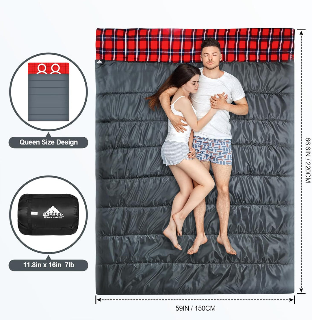 Baumwollflanell-Doppelschlafsack für Camping, Wandern oder Wandern. Queen Size 2 Person wasserdichte