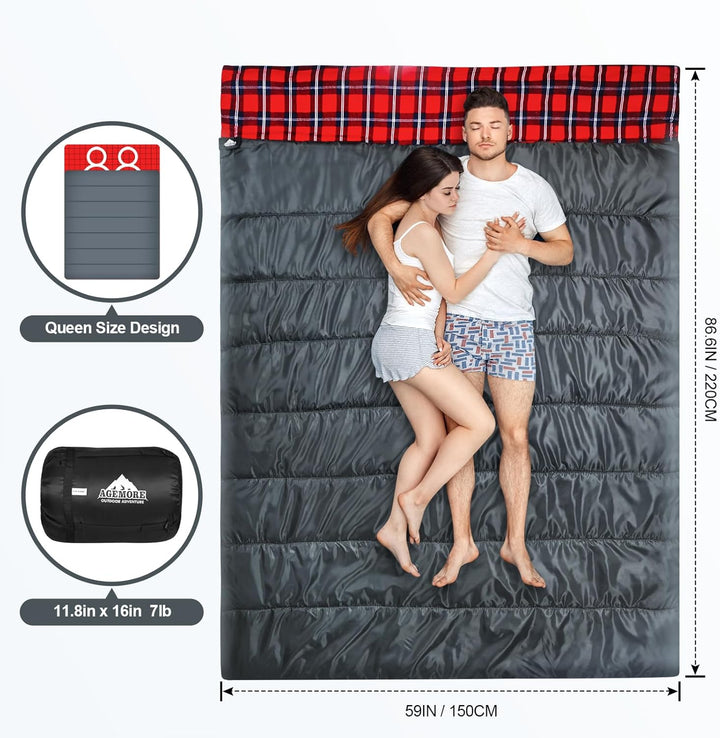 Baumwollflanell-Doppelschlafsack für Camping, Wandern oder Wandern. Queen Size 2 Person wasserdichte