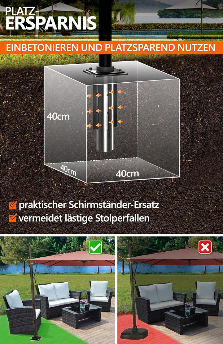 4smile Bodenhülse Sonnenschirm - verzinktem Stahl Bodenanker Ampelschirm mit Bodenplatte zum Einbeto