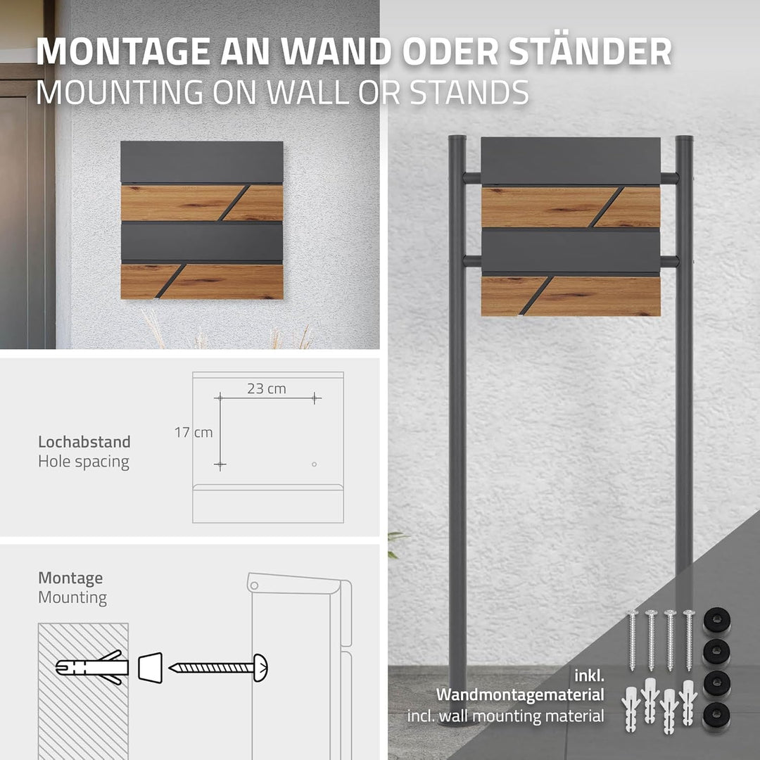 ECD Germany Standbriefkasten mit Zeitungsfach, Design Briefkasten mit Pfosten, Briefkastenanlage, Br