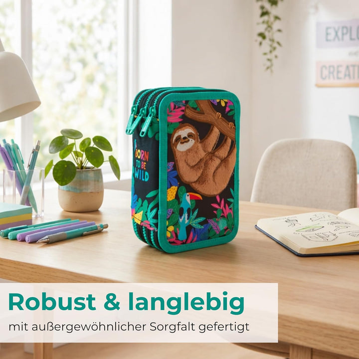 Goldkids Federtasche 3-fache Federmappe Schülerplaner Faultier Federmäppchen 46-teilig gefüllte Schü
