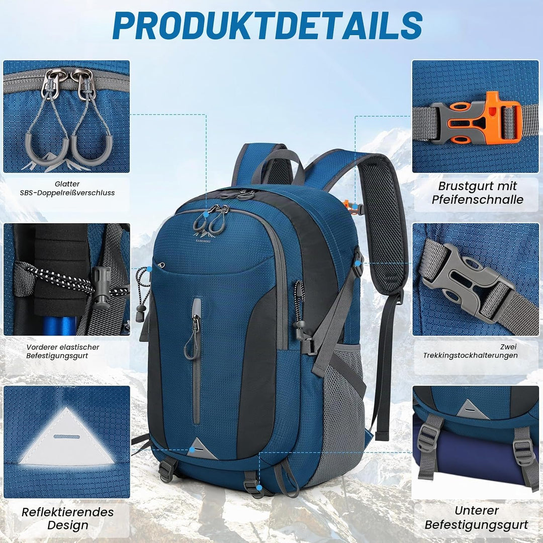 RAINSMORE Wanderrucksack Herren Damen 40L Wasserdichter Rucksack Leichter Faltbarer Reiserucksack Gr