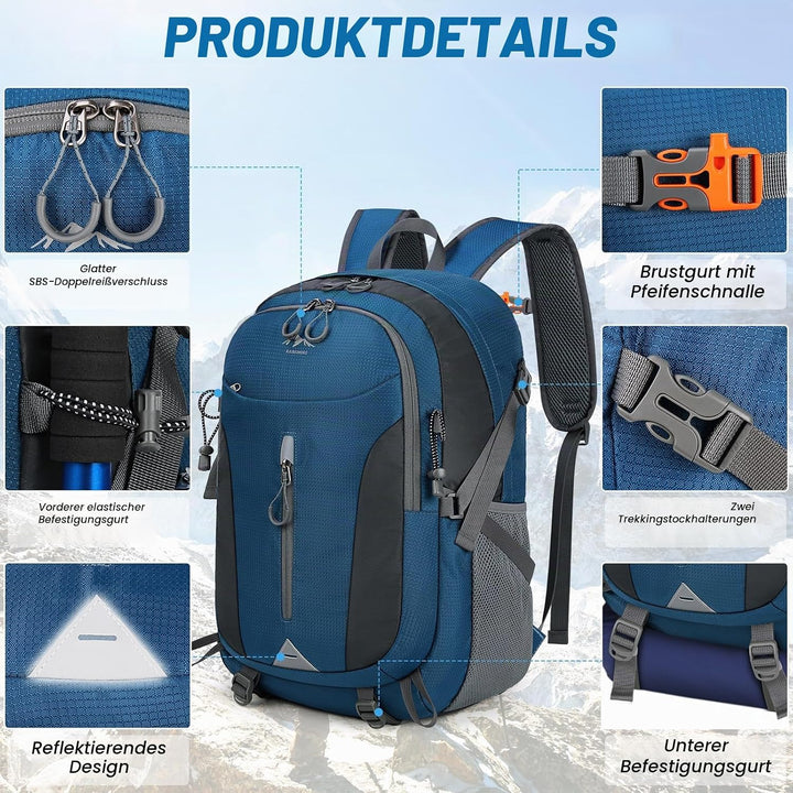RAINSMORE Wanderrucksack Herren Damen 40L Wasserdichter Rucksack Leichter Faltbarer Reiserucksack Gr