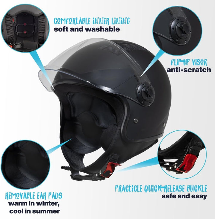 VINZ Como Jethelm mit Visier Herren und Damen | in Gr. XS-XL | Roller Helm Jet Helm Mopedhelm | ECE