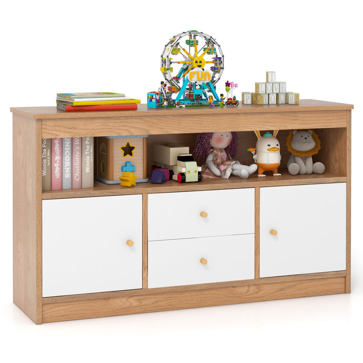 COSTWAY Spielzeugschrank Kinder, Kinderregal aus Holz, Kinderschrank mit 2 Schubladen & 2 Türen, Spi