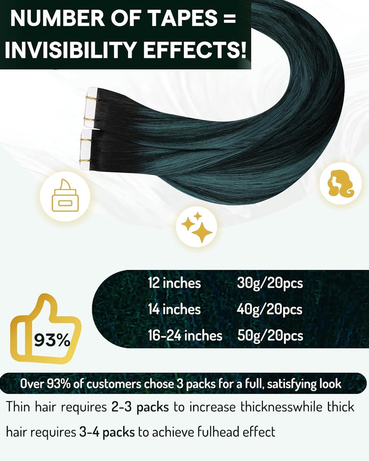 RUNATURE Tape Extensions Echthaar Schwarz Ombre Grün 40cm Teal Balayage Echte Haare Tape in Echthaar
