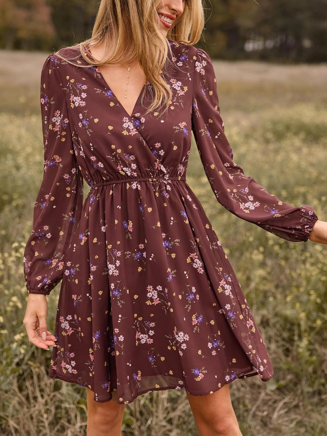 CUPSHE Damen Kleid V Ausschnitt Wickeloptik Transparente Lange Ärmel Blumenmuster Freizeitkleider Wr