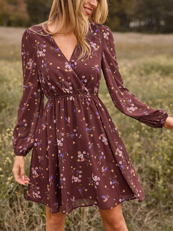 CUPSHE Damen Kleid V Ausschnitt Wickeloptik Transparente Lange Ärmel Blumenmuster Freizeitkleider Wr