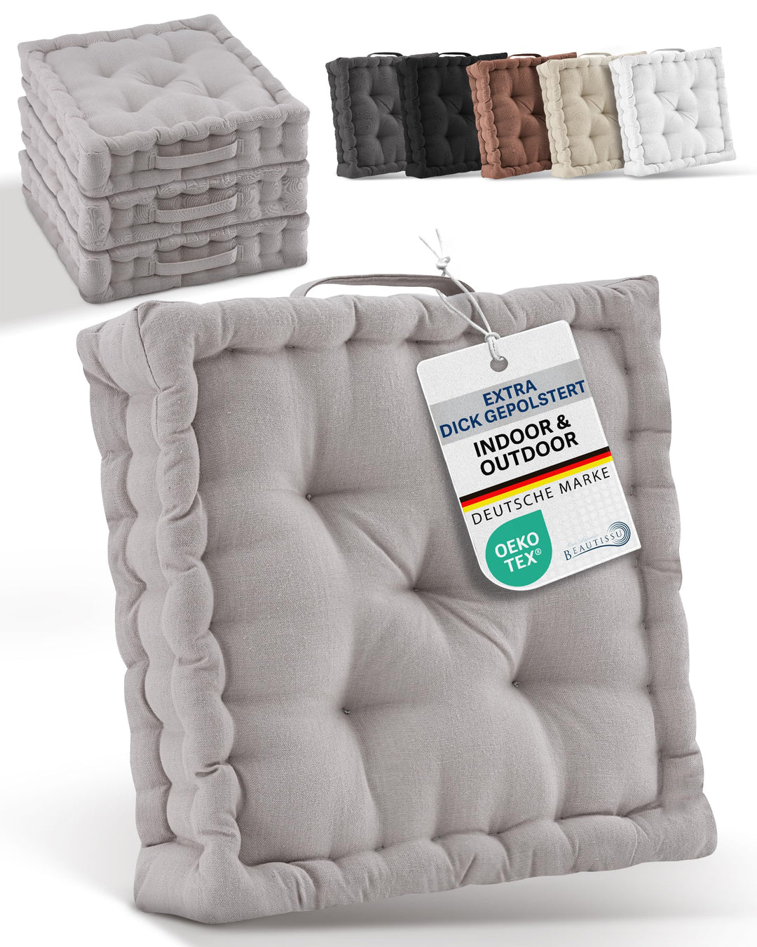 Beautissu 4er Set Bodenkissen Sitzkissen mit Tragegriff Indoor &amp; Outdoor | 40x40cm Taupe 100% Baumwo