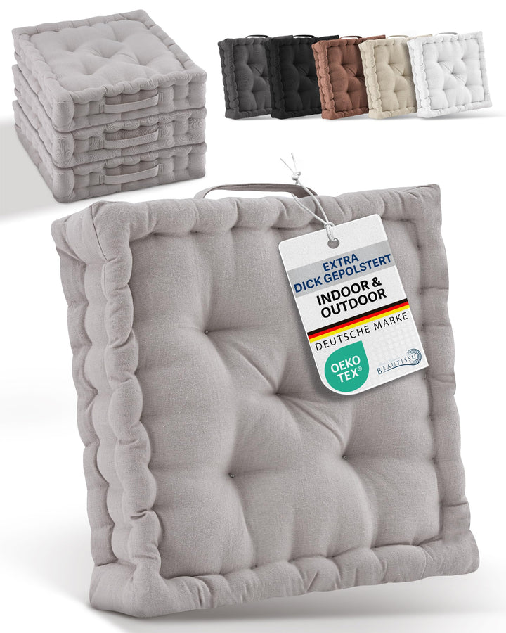 Beautissu 4er Set Bodenkissen Sitzkissen mit Tragegriff Indoor &amp; Outdoor | 40x40cm Taupe 100% Baumwo