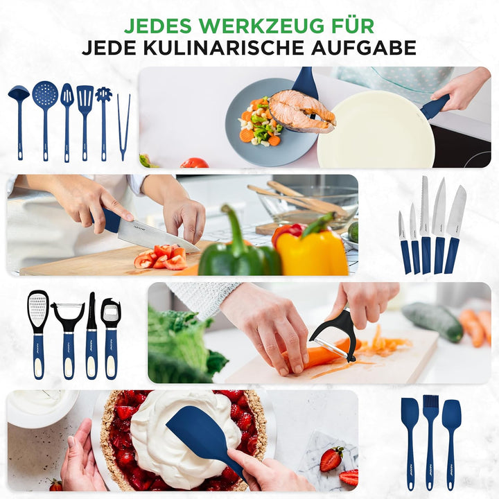 NutriChef Kochgeschirr Set 54-tlg – Pfannen, Töpfe, Küchenhelfer Blau– Mit Messer, Backformen, Zubeh