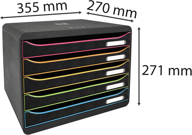 Exacompta 308914D Ablagebox Harlekin mit 5 Schubladen für DIN A4+ Dokumente. Belastbare Schubladenbo