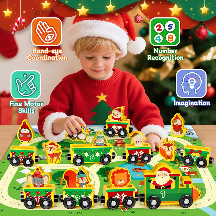 Adventskalender 2025 Kinder, Weihnachtskalender Kleinkind Baby Magnetischer Holzzug, 24 Tage Advents