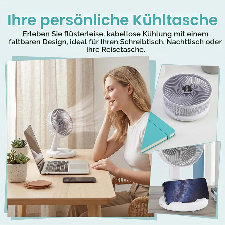 USB Tischventilator, Tragbar Leise Tischventilator mit 3 Geschwindigkeiten, Faltbar Akku Ventilator,
