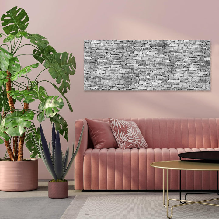 wandmotiv24 Leinwandbild Natursteinmauer Grau 100x40cm (BxH) Bilder auf Leinwand, Dekoration Wohnung