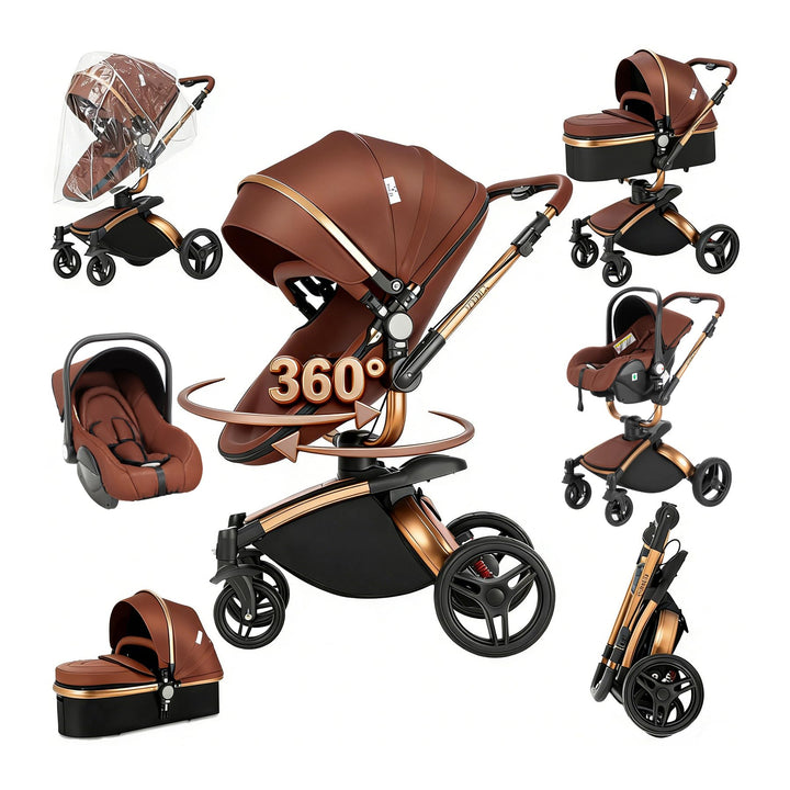 Prokoke PU-Leder Kinderwagen 3 in 1, Buggy mit Verstellbarem Sitz mit 360°-Drehung, Kinderwagen mit