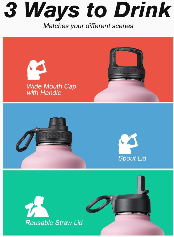Coolflask Isolierte Wasserflasche 2L mit Strohhalm &amp; 3 Deckeln, Edelstahl Isolierte Wasserflasche fü