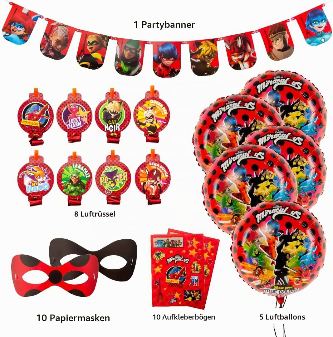 Miraculous Ladybug Feier-Set - Geburtstags-Kit für Kleinkinder - Über 100 Teile - Cat Noir - Partyar