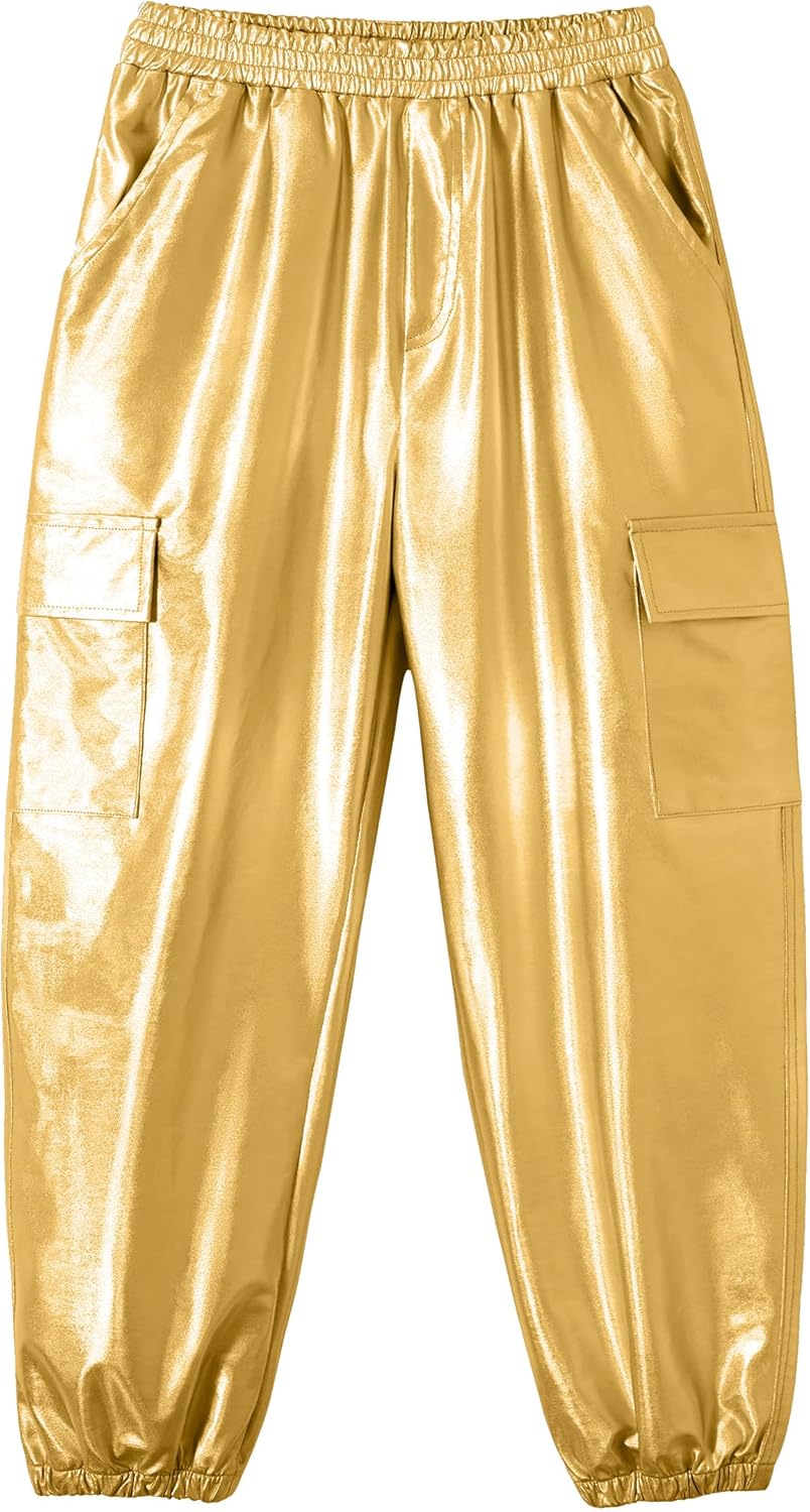Rolanko Cargo Hosen für Mädchen, Metallische Tanz Hip Hop Hosen für Kinder Mit Elastischem Bund, Ret