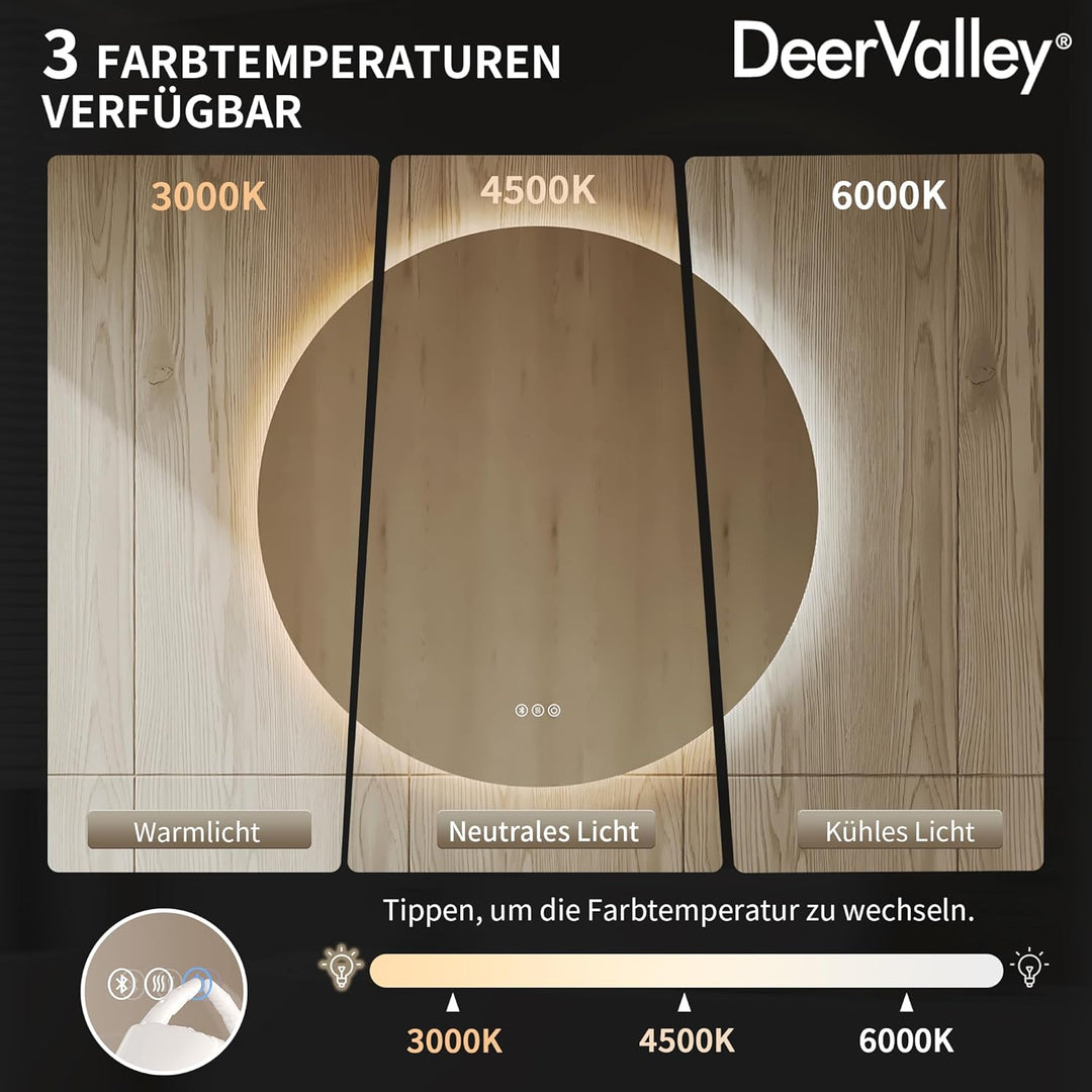 DeerValley Badspiegel mit Beleuchtung 80cm, Anti Beschlag LED Spiegel mit 3-Fach Vergrösserung, 3 Fa